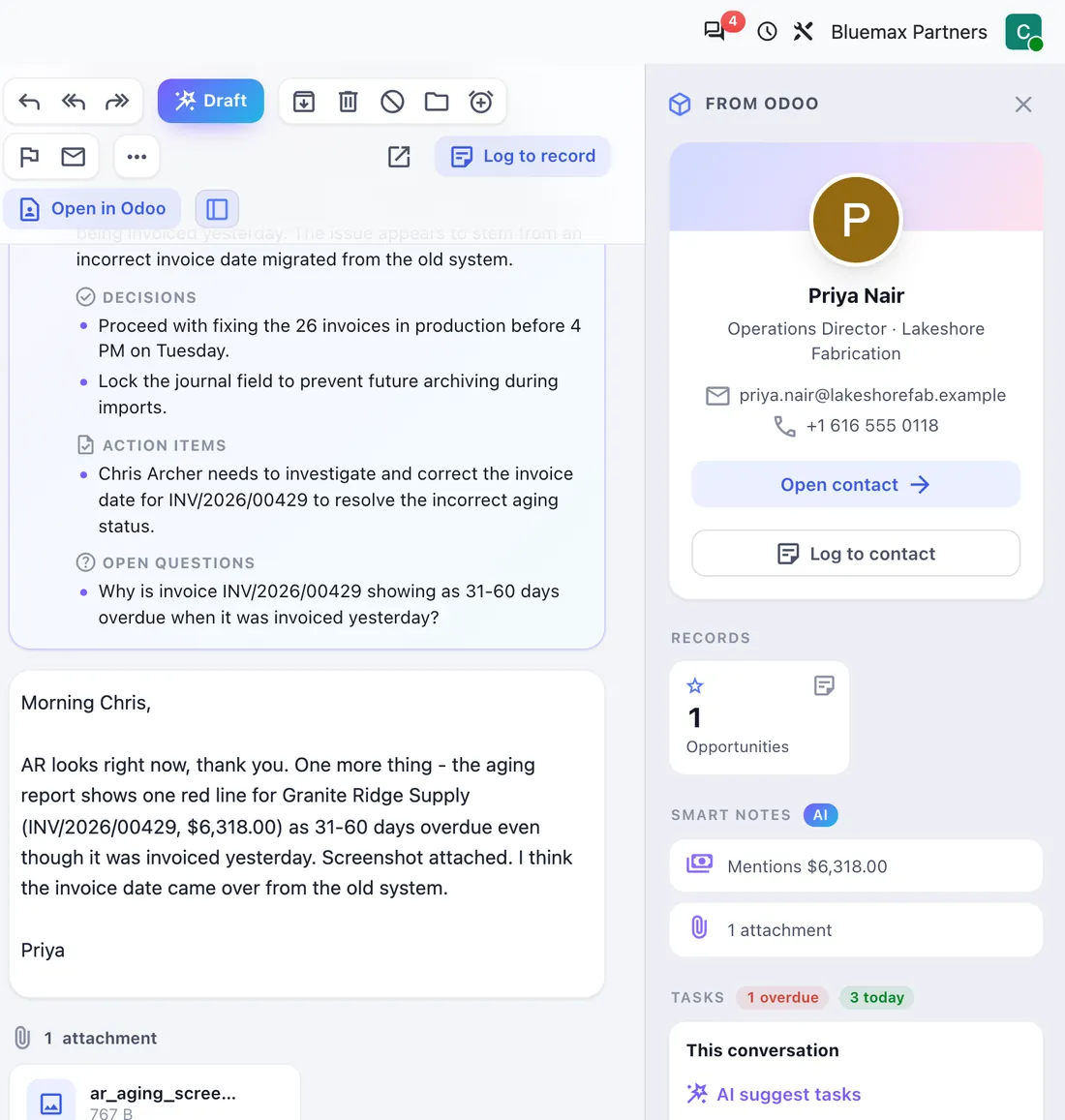 A Hub AI summary of an email thread with decisions, action items and open questions