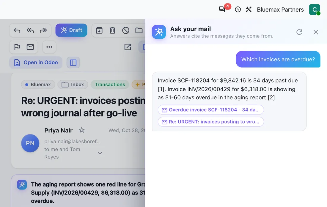 Ask your mail: a question about overdue invoices answered with links to the source emails
