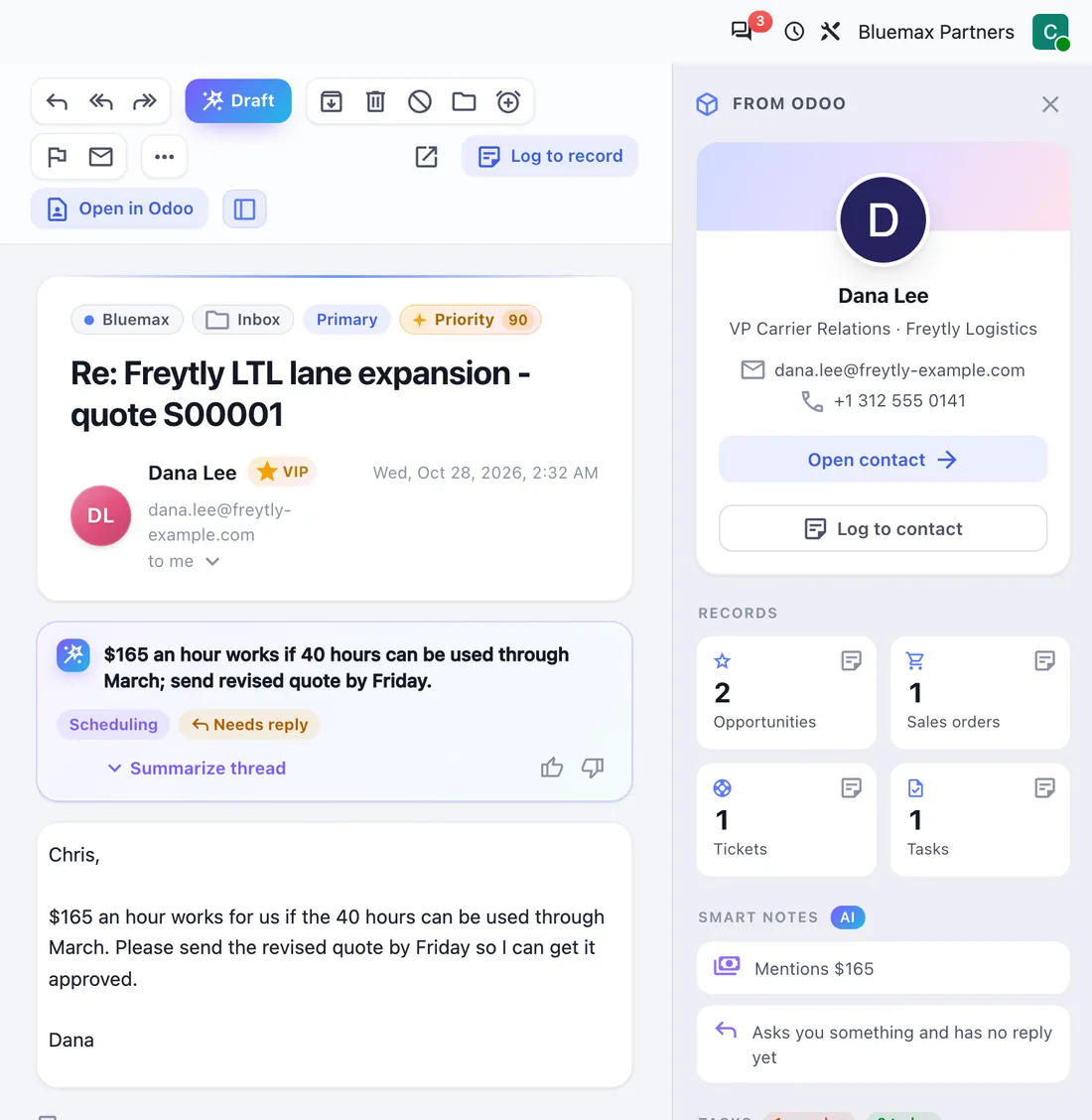 Hub Mail on a computer: an email with the From Odoo panel showing the customer's opportunities, orders and tickets